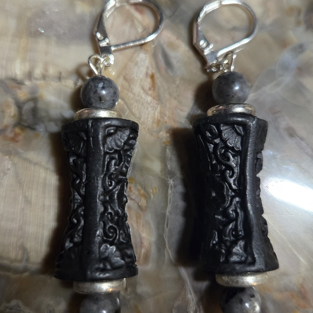 Artisan Black Carved Cinnabar And Larvikite Earrings - Picture 2 of 3